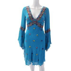 Tashia London Womens V-Neck Long Sleeves Embroidered Slit Mini Dress Blue Size M